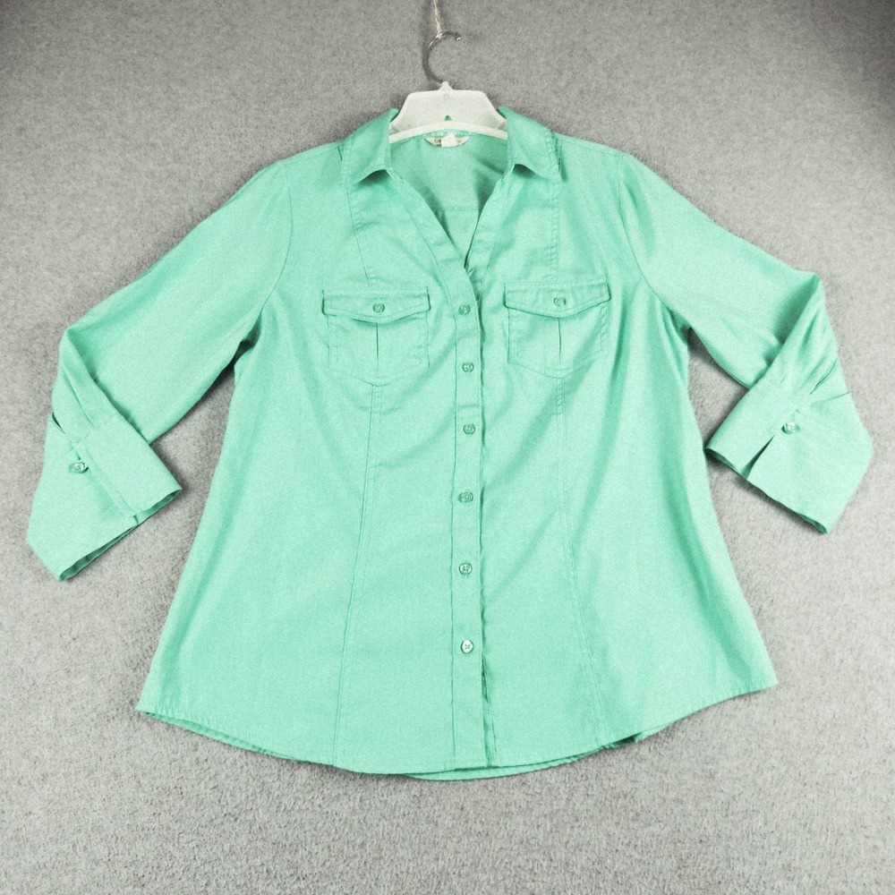 Cato Shirt Womens Medium Green Stretch Chest Pocket Classic Collared Button Up